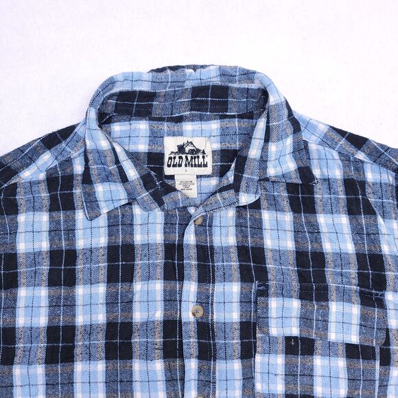 Old Mill Tartan Flannel Casual Button Up Shirt Mens Size Large L Blue White - Picture 1 of 10